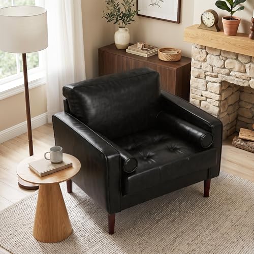 Image of Faux Leahter Accent Chair, Comfy Upholstered Armchairs for Living Room, Modern Bedroom Reading Seat with 2 Bolster Pillows, Black