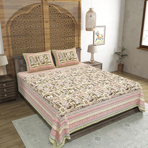 Image of BLOCKS OF INDIA Hand Block Printed 300 TC Cotton Super King Size Bedsheet(106 x 106) (Brush Green)