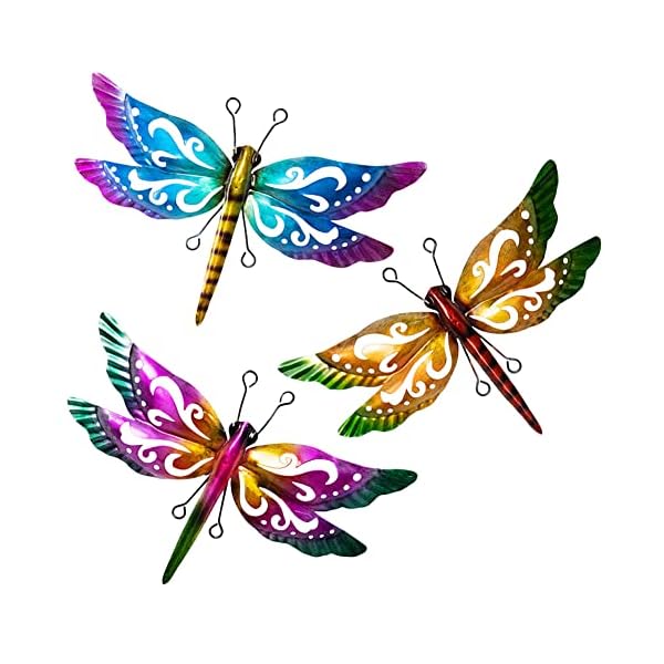 dreamskip Dragonfly Garden Decor, 3 Pack Colorful Metal Dragonfly Wall Decor, Outdoor Decor Art for Patio, Yard, Fence, Garden, Outside, Backyard, Balcony