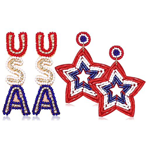 2 Pairs Fourth of July Earrings American Flag Patriotic Earrings for Women Beaded Star USA Tassel Drop Dangle Earrings 4th of July Independence Day Holiday Gifts