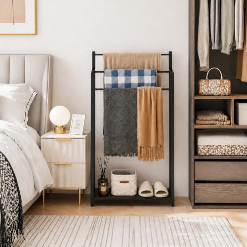 169-W-Freestanding-Towel-Rack-with-Black-Wood-Shelf-3-Tier-Blanket-Ladder-Stand-for-Bathroom-Living-Room-Metal-Frame315H-x-169W-x79D
