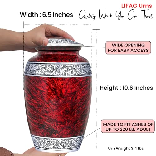 Image of Hand-Engraved Red Urn for Ashes for Women & Men with Ash Necklace & Velvet Bag | Red Marble Finish Metal Cremation Urns for Human Ashes Adult Man | Elegant Burial & Funeral Urn - Large, 220 lbs