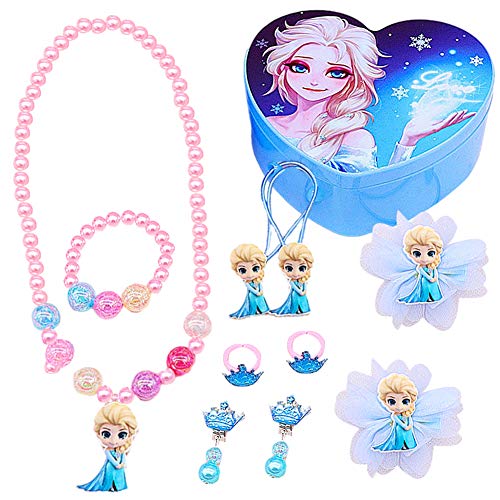 LLMZ Frozen Joyas de niña 11pcs Reina congelada Conjunto joyas Aisha(1pcs collar+1pcs Pulsera+2pcs arete+2pcs anillo+2pcsBanda elástica+2pcsHorquilla+1pcs Caja de amor plegable) Cover
