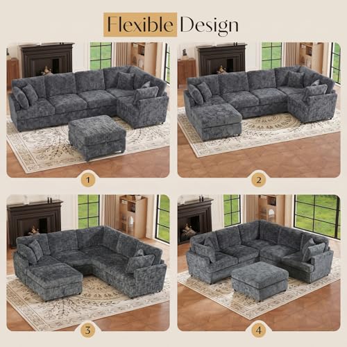 Image of 122.6 inch Chenille Modular Sectional 6 Seater Sofa, Deep Seat Couch with Ottoman & Removable Covers, Free Combination Modern Couch, L /U Shaped Modular Sectional Sofa, for Living Room, Apartment, Grey