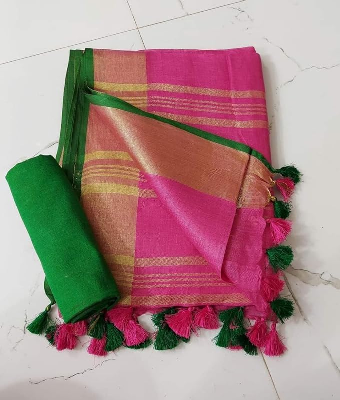 Image of STB-SILK TEXTILES BHAGALPUR Women's Linen Slub Saree With Contrast Blouse Piece
