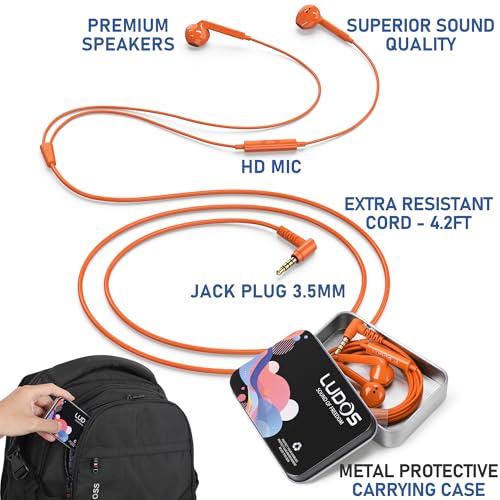 Image of LUDOS FEROX Wired Earbuds in-Ear Headphones, 5 Year Warranty, Earphones with Microphone, Noise Isolation Corded for 3.5mm Jack Ear Buds for iPhone, Samsung, Laptop, Kids, School Students - Orange