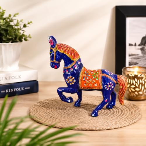 Image of eCraftIndia Handcrafted Blue Horse Decorative Showpiece for Home Decor | Traditional Rajasthani Hand-Painted Horse Figurine | Tabletop, Shelf, Office & Living Room Decoration