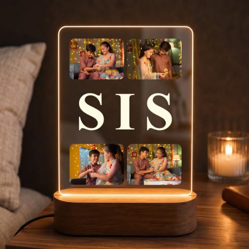 Image of Giftplease Personalised Sister Photo Frame - Custom Acrylic Picture Collage with Wooden LED Base, Unique Raksha Bandhan Gift for Sister, Personalized Keepsake for Rakhi, Best Sibling Desk Decor