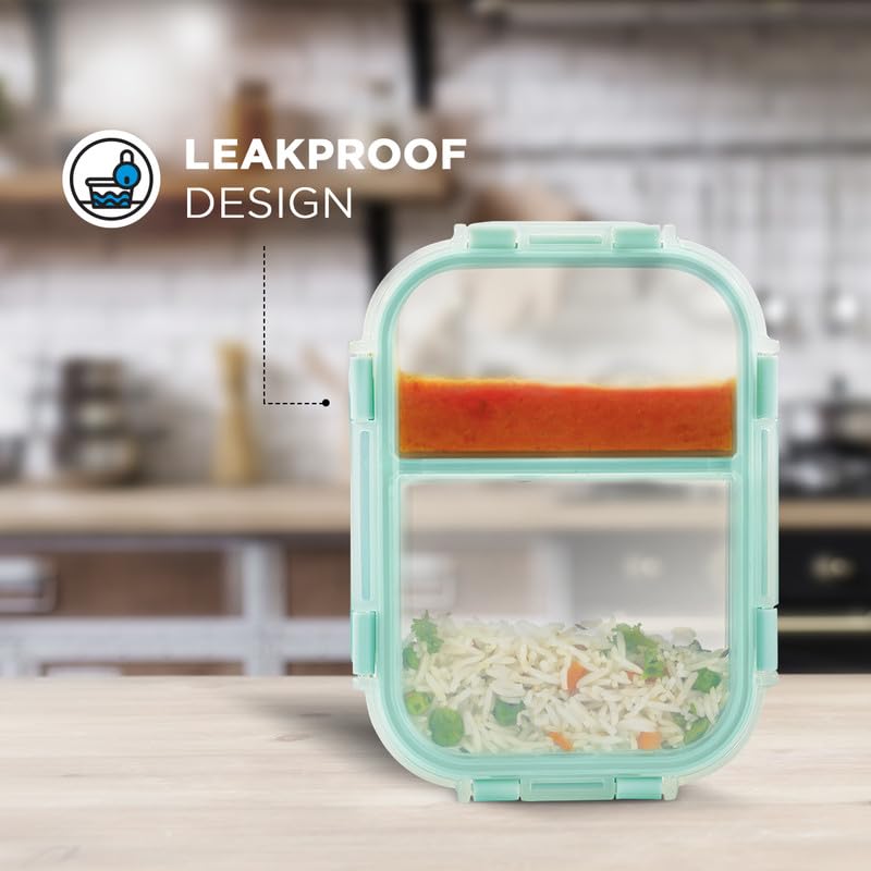 Allo FoodSafe - Lonchera de vidrio con compartimento para alimentos con cierre desmontable sin roturas, apto para horno y microondas, recipiente de vidrio de borosilicato con divisor de división,