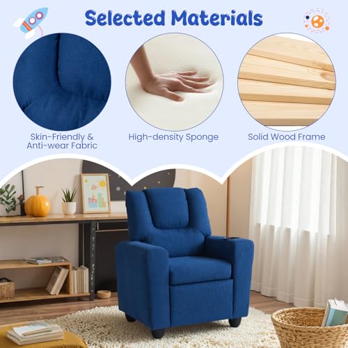 Image of HONEY JOY Kids Recliner, 2-in-1 Toddler Armrest Sofa Couch with Cup Holders, Adjustable Footrest, Fabric Surface, Child-Size Recliner Chair for Boys Girls Age 3+ (Blue)