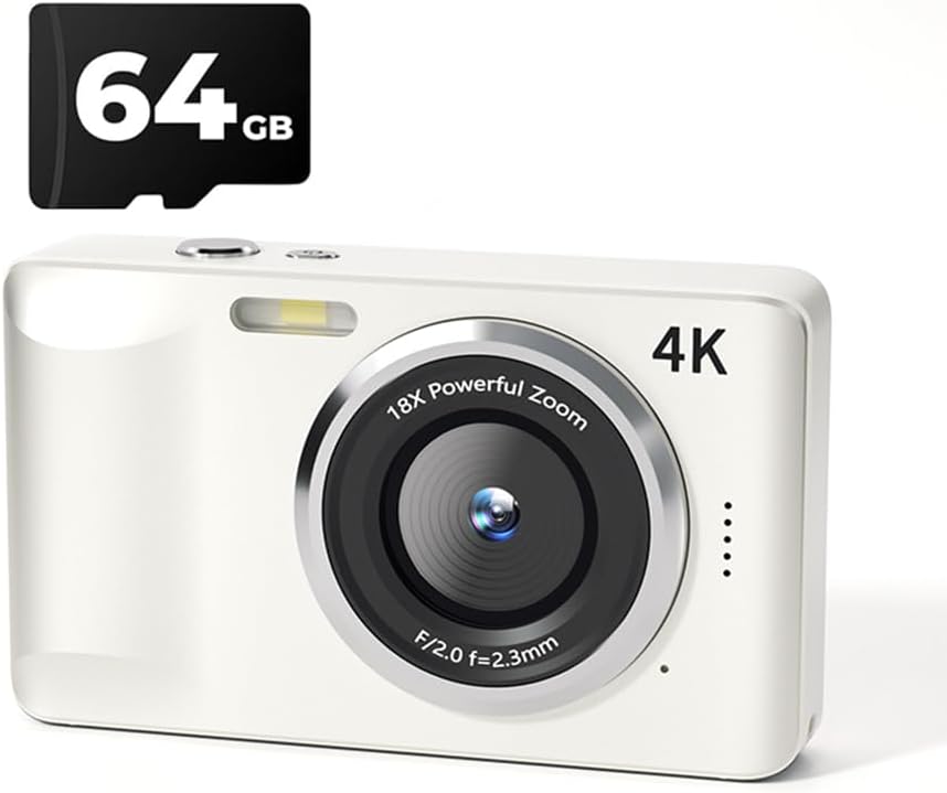 4K HD Digital Camera, 18x Digital Zoom with Anti-shake, 64GB Memory Card, 2.8" LCD Screen, Portable Mini Ultra-thin Retro Style | 64GB | 4K 2026