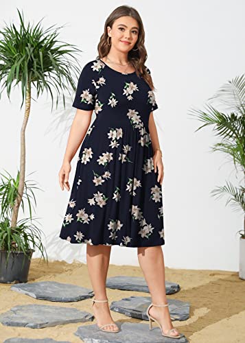 Image of POSESHE Womens Plus Size Summer Dress 2026 Casual Short Sleeve Empire Waist Loose Fit Swing T-Shirt Dress with Pockets