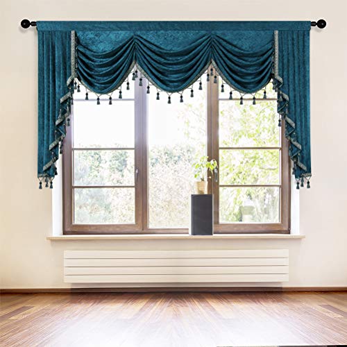 Thick Chenille Window Curtains Valance for Living Room Peacock Blue Waterfall Valance for Bedroom,Rod Pocket,1 Panel (Peacock Blue, W89)