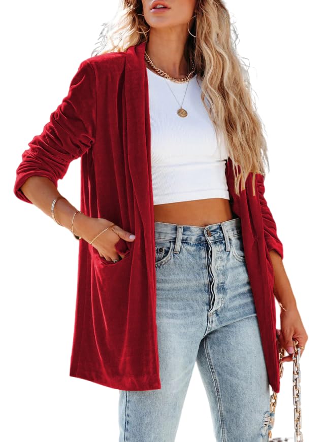 Velvet Blazers Jackets for Women Trendy Lapel Collar Blazer Velvet Suit Casual Business Long Sleeve Cardigan Outerwear
