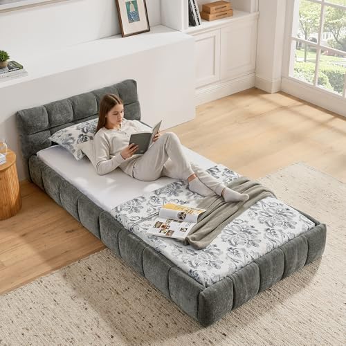 Yihomfy Einzelbett 90x200cm, Bett mit seidig weichem Chenille - Bezug, quadratischem Steppdesign, aus ökologischem Eukalyptusholz und stabilem Eisenrahmen,Dark Gray