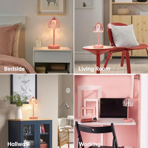 Image of Shenmoyl Rechargeable Table Lamp with 5200mAh Battery & Touch Control - 3 Adjustable Color Temperatures, Cordless Dimmable Table Light for Bedroom, Office Desk, Nightstand (Clear Pink,Pink Base)