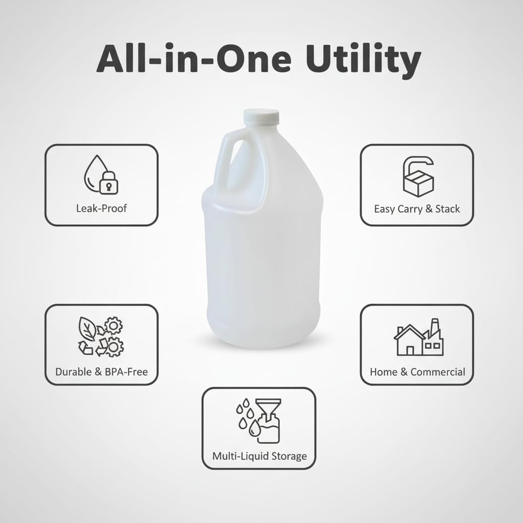 1-Gallon HDPE Plastic Jugs, Water Jug With Child-Safe Lids–BPA-Free,Leakproof, Stackable Containers,1 Gallon Water Bottle For Fermentation,Brewing,Storage,Detergent Mixing & Industrial Use (4-Pack)