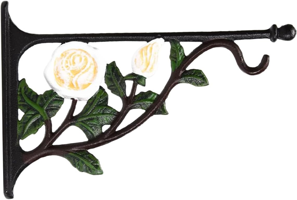 TIDTALEO Cast Iron White Rose Pattern Wall-Mounted Hanging Bracket for Flower Pots and Bird Feeders, Metal Hanging Plant Hook for Indoor and Outdoor Garden Décor, Single Piece