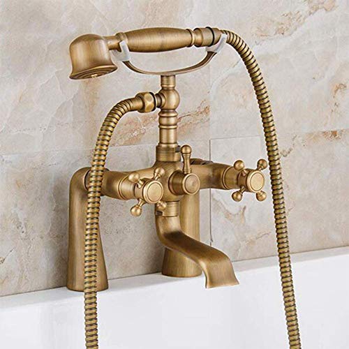 Robinets Baignoire bronze antique avec douche à main, poignées double pont monté Baignoire Robinet de salle de bain