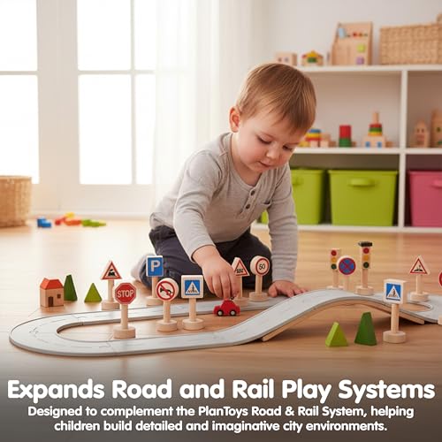 Image of PlanToys Traffic Signs & Lights Wooden Montessori Imaginative Kids Play Set