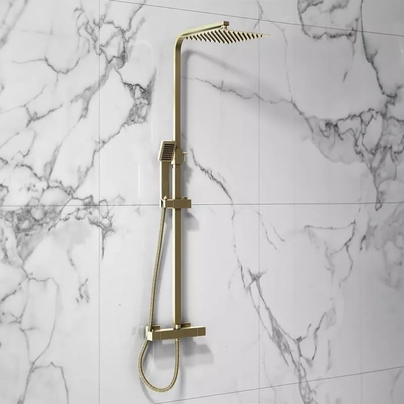 Douche thermostatique Lunar en laiton brossé avec colonne montante rigide, tête fixe et pommeau – Système de douche double fonction complet en laiton...