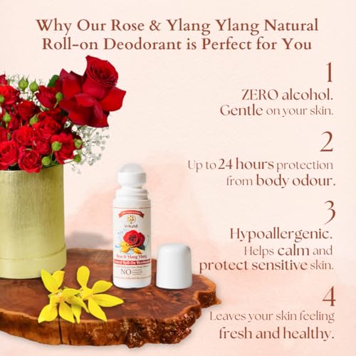 Image of 100% Natural Deodorant Roll On | 24 Hour Body Odour Protection | Rose & Ylang Ylang Essential Oils | ZERO Alcohol | For Men & Women | 75 ml