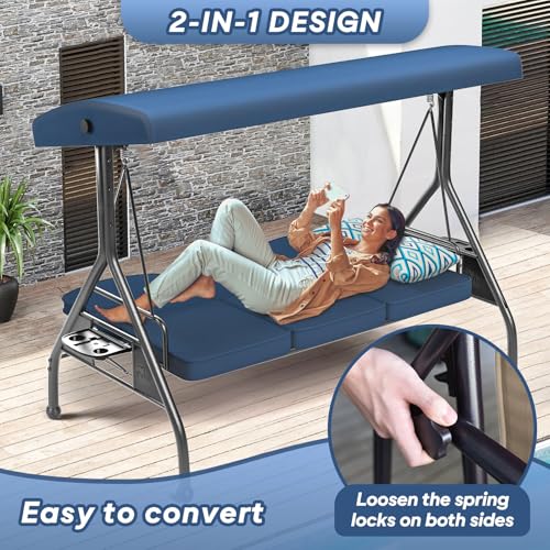 Image of ZZW 3 Seat Outdoor Porch Patio Swing with Stand 800lbs 2-in-1 Convertible Swing Bed with Adjustable Canopy & Removable Cushion for Yard Garden Deck (Blue, Round Tube)