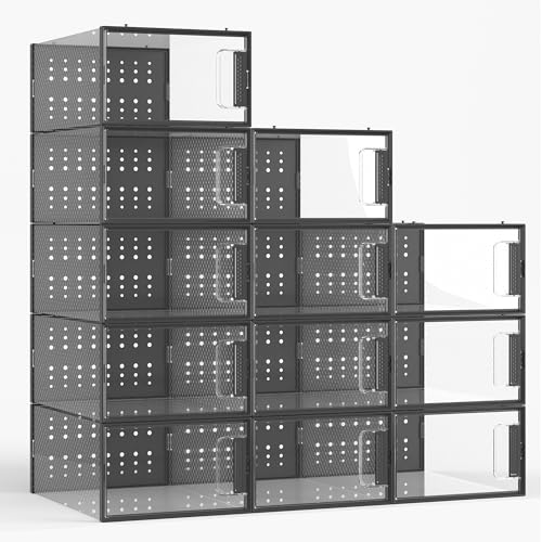 Pinkpum 12er Schuhboxen Stapelbar Transparent Schuh-Organizer Faltbar Hartplastik Schuhkarton mit...