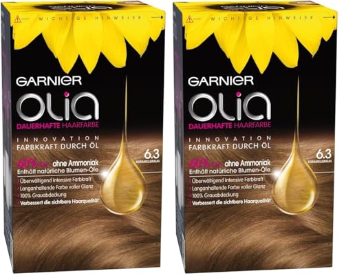 Garnier Olia 6.3 Karamellbraun Dauerhafte Haarfarbe ohne Ammoniak mit pflegenden, natürlichen Ölen, Vollständige Grauhaarabdeckung, Permanente Coloration, 1 Stück (Packung mit 2)