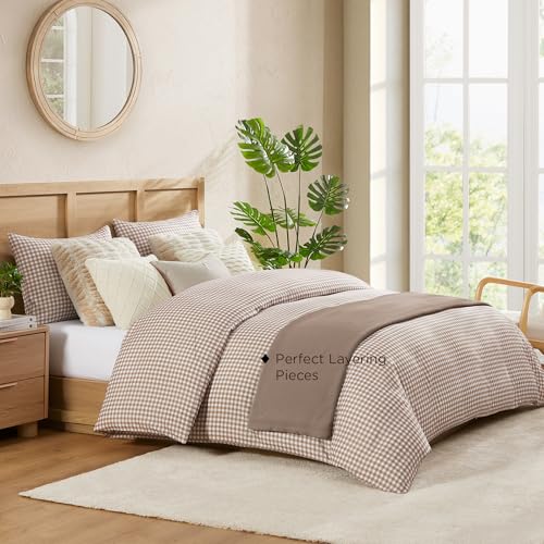 Image of Andency Gingham Duvet Cover King Size, Tan Brown Checkered Plaid Bedding Set, 3 Pieces Soft Prewashed Polyester Comforter Cover with Zipper Closure & Corner Ties