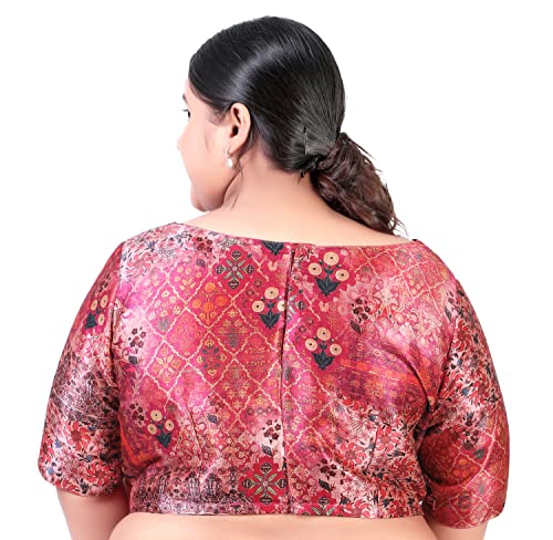 Image of Studio Shringaar Women`s Plus Size Polyester Elbow Length Sleeves Abstract Print Saree Blouse (Pink, 48)