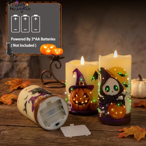 Image of Halloween Flameless Candles, Battery Operated Candles with Remote | Fiber Optic Flameless Pillar Candles Set Of 3 For Halloween Decorations Indoor