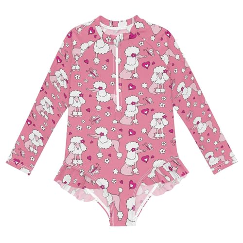 susiyo Pink Poodle Cute Dog Girls Long Sleeve One Piece Swimsuits Rash Guard Bathing Suit UPF 50+ Zipper Girl Swimwear