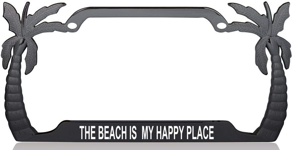 The Beach is My Happy Place Palm Tree Design Quality Black Metal Car SUV Truck License Plate Frame n92