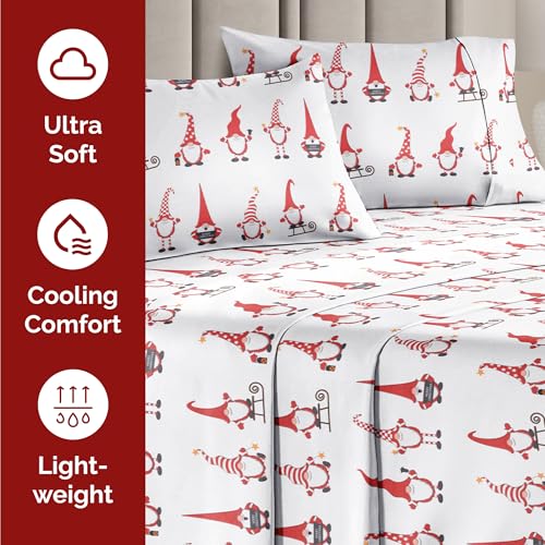 Cal King Christmas Holiday Gnomes Red Sheet Set - Holiday Xmas Pattern Bedding Set - Deep Pockets - Snug Fit - 4 Piece - Wrinkle Free - Cozy Festive Winter Holiday Sheets for Women, Men, Kids & Teens