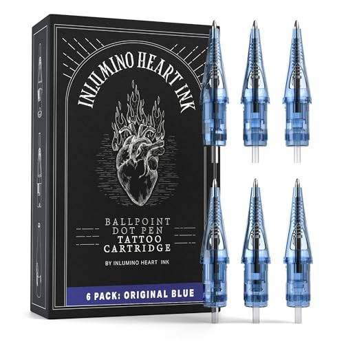 Inlumino Heart Ink Ballpoint Pen Cartridges – Original Blue Ink (6-Pack) – Tattoo Practice Cartridges for Rotary Tattoo Machines – Oil-Based Ink for Creating Flash Art – Fake Skin Alternative
