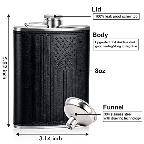 Kwanithink Flask For Liquor For Men, American Flag Leather Hip Flask, Stainless Steel Flask 8 Oz With Funnel, Black Whiskey Flask With Integrated Steel Cap, Father's Day Gift For Men #TOP2