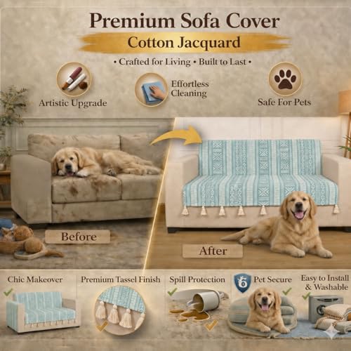 Image of STITCHNEST 'Verdant Bohemian Stories' 1 Seater Sofa Cover - Full Coverage| Elegant Jacquard Fabric, Decorative Tassels, Washable & Durable for Modern Living