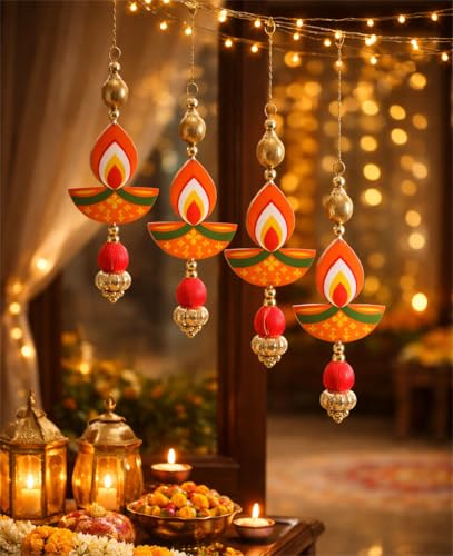 Image of Handcrafted Decorative Wall Decor for Ganpati Diwali Navratri and Pooja Setup Ethentic Hanging for Home Decor Festival Decoration for Home Entrance and Mandir Temple Decor (6, Diya) (Diya)