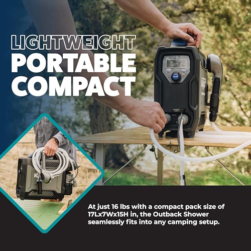 Ducha portátil Kakadu Outback para camping, agua caliente instantánea para uso al aire libre - Diseño delgado, batería recargable de litio, cabezal de ducha ajustable, bomba delgada, pantalla digital miniatura 3
