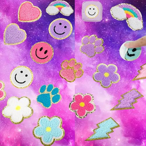Patchs lettres chenille haut de gamme alphabet rétro rose et violet avec détails dorés