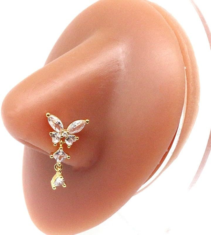 20G L-Shaped CZ Butterfly Dangle Nose Rings for Women Gold Silver Stainless Steel Cubic Zirconia Crystal Teardrop Dangling Nose Studs Ring Long Nose Piercing Jewelry