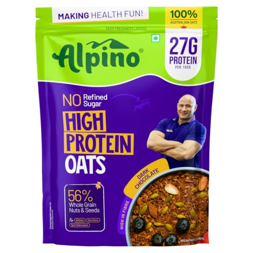 Image of ALPINO 27% High Protein Oats Dark Chocolate 1kg - Rolled Oats, Protein Blend, Jaggery Powder, Cocoa Powder, Nuts & Seeds - 27g Protein, Source of Dietary Fibre & Healthy Fats, No Refined Sugar & Salt