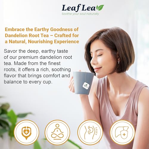 Image of LeafLea Dandelion Root Tea Bags, 240 Count, Natural Dandelion Herbal Tea Blend, Natural Dried Dandelion Root, Caffeine-Free, Sugar-Free, Vegan, Sealed for Fresh Flavor, Pack of 6