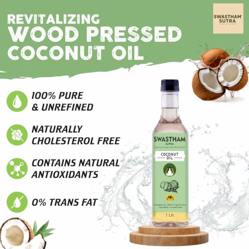 Image of SWASTHAM SUTRA Wood Pressed Coconut Oil | 100% Pure, Unrefined & Cold Pressed Coconut Oil | Extracted from A1 Grade Coconut | Natural Edible Oil for Cooking, Skin & Hair Care | Anti-Spill Bottle (250ml)