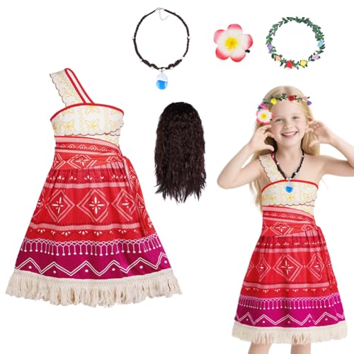DiULi Disfarce de Vaiana Princesa, Vestido de Moana para Meninas, Disfarce de Moana com Coroa, Flores, Colar, Pinças, Perucas e Cintos, Vestido Vaiana Menina para Havaí, Natal, Aniversário, Carnaval