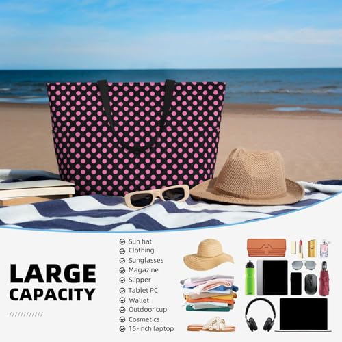 Large Beach Bags Water-resistant Sandproof - pink polka dot black Cute Beach Tote Bags for Women with Zipper4