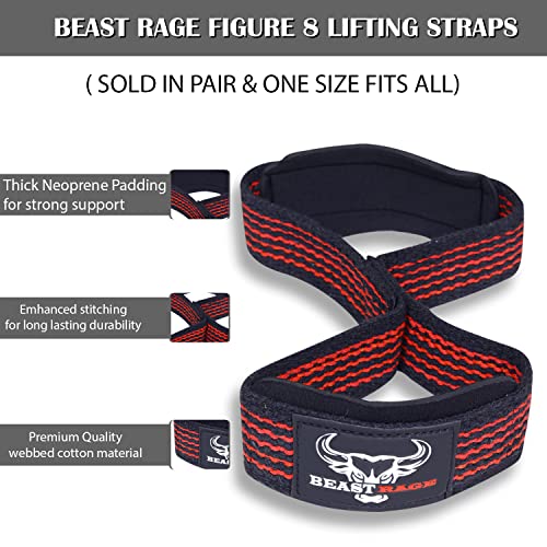 BEAST RAGE Figure 8 weight lifting straps Professional Padded Support Fitness Deadlift Powerlifters Cotton Straps Gym Wrist Straps (Black/Red) - Image 3
