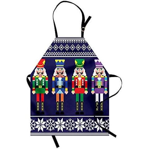 Lunarable Nutcracker Apron, Colorful Retro Style Pattern with Xmas and Scandinavian Motifs, Unisex Kitchen Bib with Adjustable Neck for Cooking Gardening, Adult Size, Indigo White Cover
