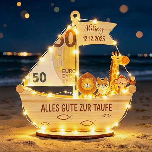 Taufgeschenke Jungen Mädchen Mit LED Lichterkette Holz Segelboot Geldgeschenk Taufe Geschenk Taufe Mädchen Junge Personalisiert DIY Name - Alles Gute Zur Taufe